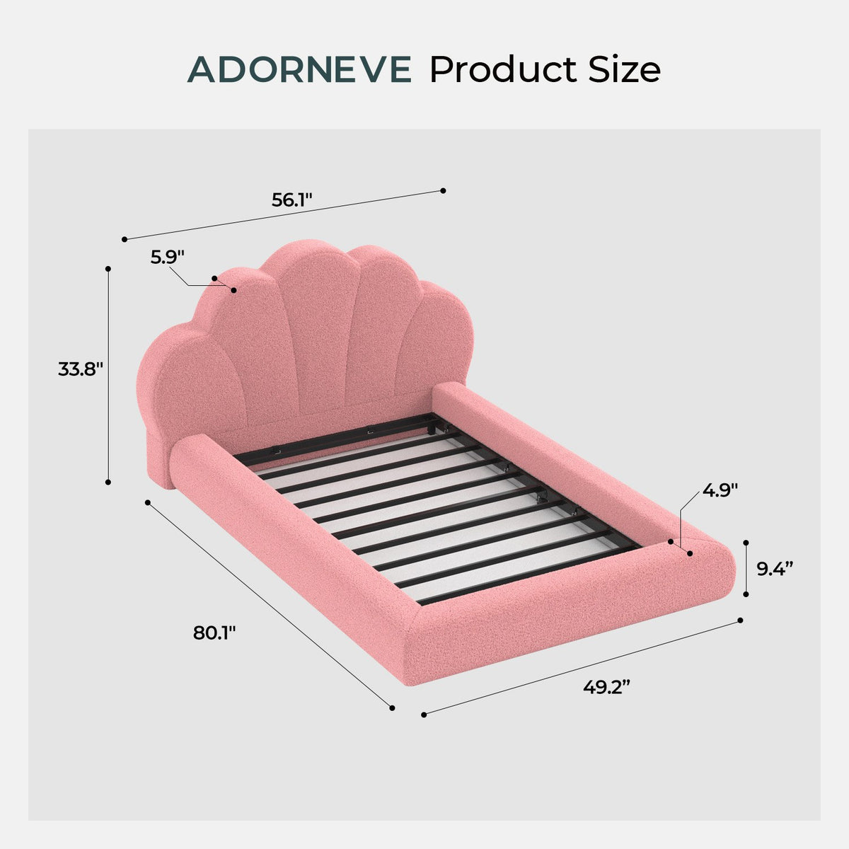 ADORNEVE Upholstered Cloud Bed Frame Twin Size with Petal Headboard and 360° Foam Padded Boucle Fabric Kids Montessori Bed with 4.9" Fully Cushioned Foam Soft Rounded Corner