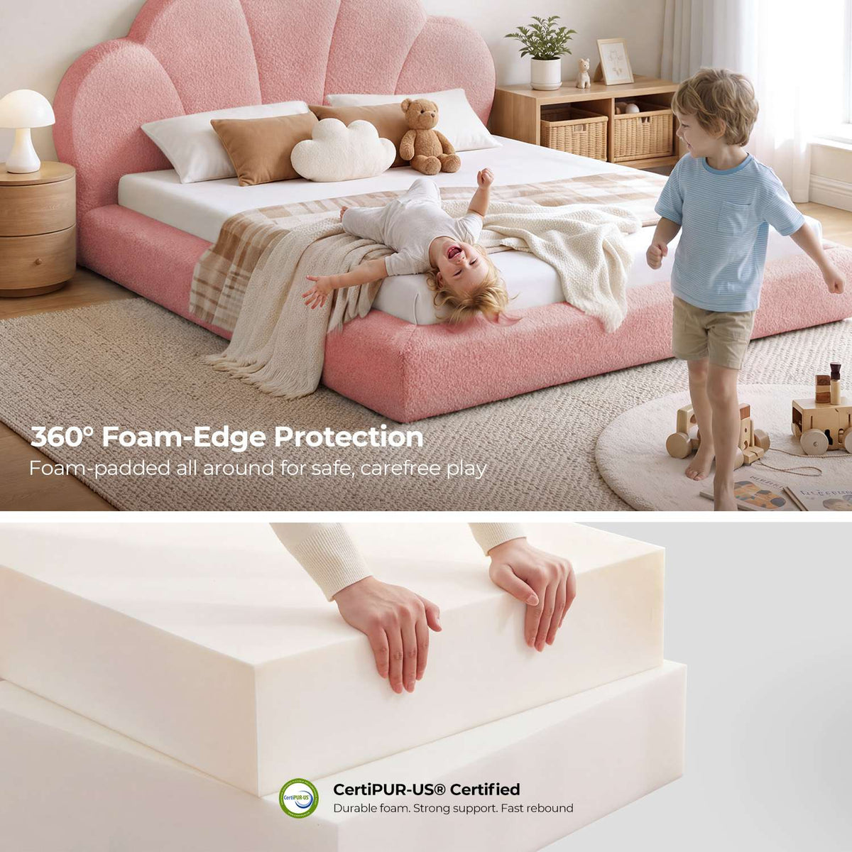 ADORNEVE Upholstered Cloud Bed Frame Twin Size with Petal Headboard and 360° Foam Padded Boucle Fabric Kids Montessori Bed with 4.9" Fully Cushioned Foam Soft Rounded Corner