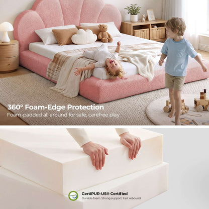 ADORNEVE Upholstered Cloud Bed Frame Twin Size with Petal Headboard and 360° Foam Padded Boucle Fabric Kids Montessori Bed with 4.9" Fully Cushioned Foam Soft Rounded Corner