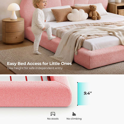 ADORNEVE Upholstered Cloud Bed Frame Twin Size with Petal Headboard and 360° Foam Padded Boucle Fabric Kids Montessori Bed with 4.9" Fully Cushioned Foam Soft Rounded Corner