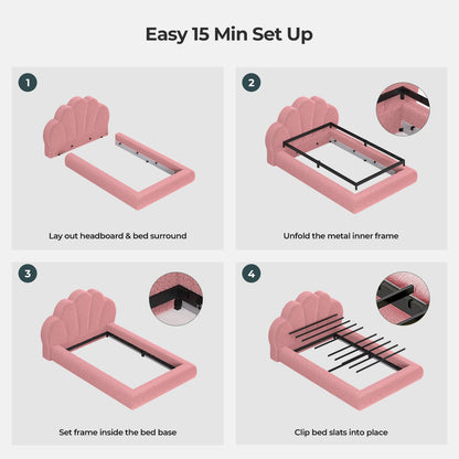 ADORNEVE Upholstered Cloud Bed Frame Twin Size with Petal Headboard and 360° Foam Padded Boucle Fabric Kids Montessori Bed with 4.9" Fully Cushioned Foam Soft Rounded Corner