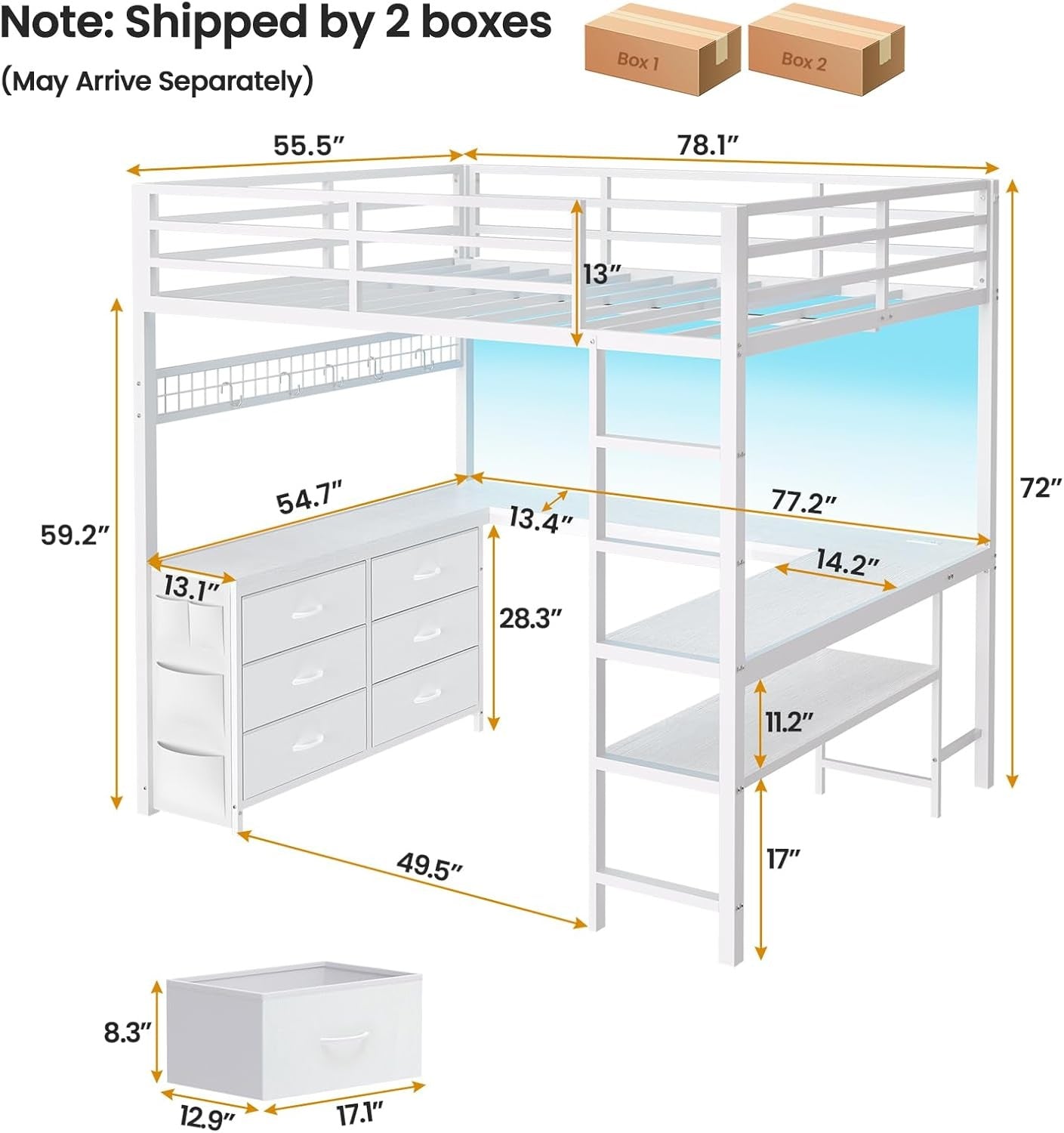 ADORNEVE Loft Bed Full Size with U-Shaped Desk and 6 Storage Drawers LED Metal Loft Bed with Power Outlet and 2 Storage Shelves Bed with Safety Guardrail and Ladders